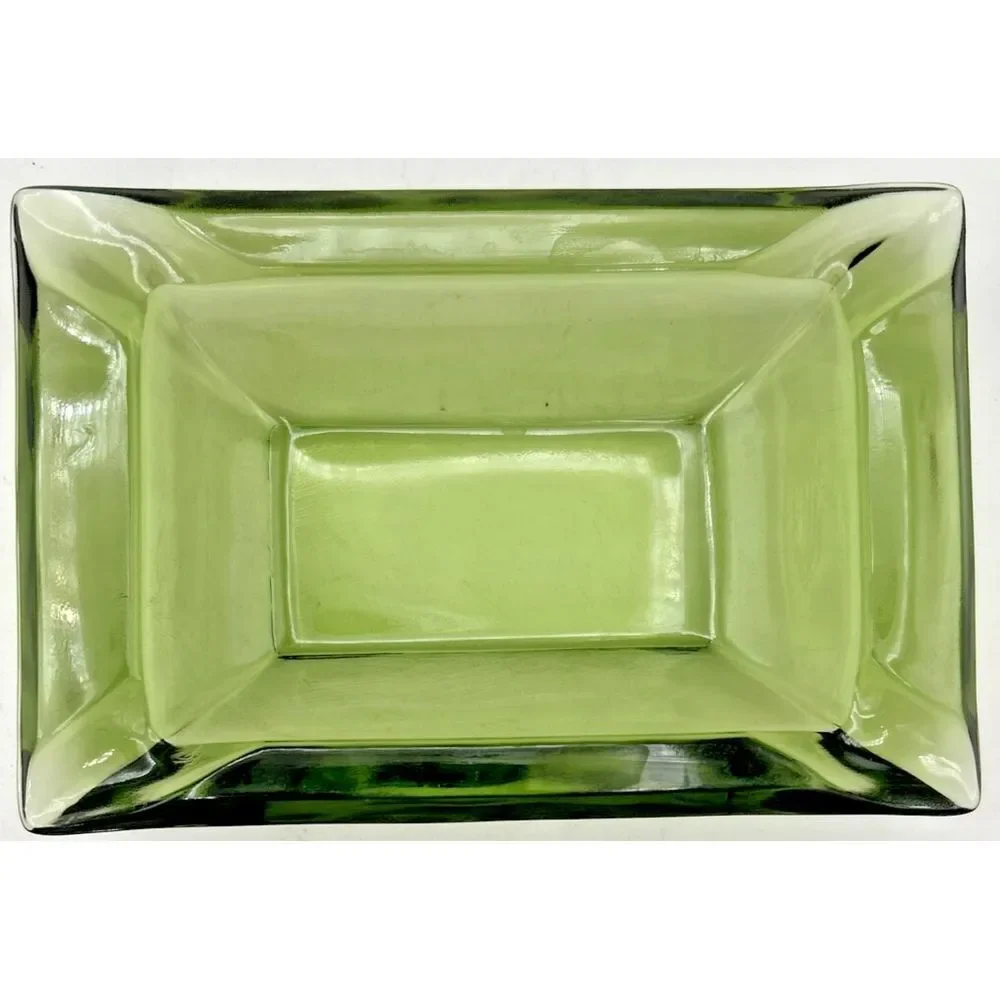 Vintage Rectangle Green Glass Ashtray MCM Trinket Keys Bowl 6 inches
